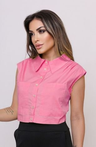 Camisa Cropped Regata Pregas Bolso Rosa Chiclete