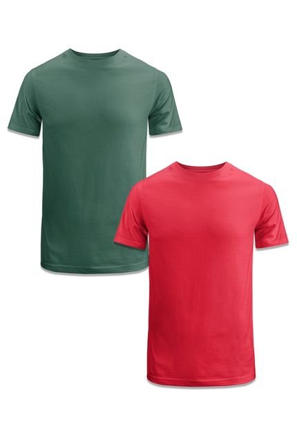 Camiseta Masculina Kit 2 Em Algodão 30.1 Camisa Gola Redonda Básica Lisa Macia Casual Techmalhas Verde Militar/Vermelho - Marca TECHMALHAS