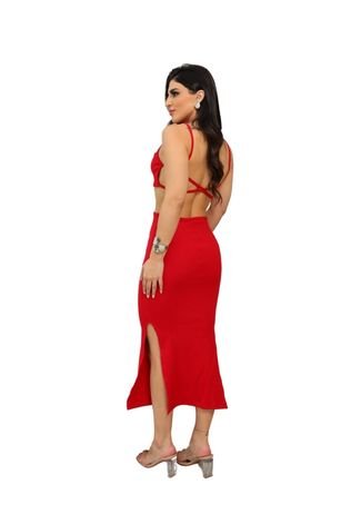 VESTIDO MIDI ALCINHA CANELADO - VERMELHO - Nur Autoral