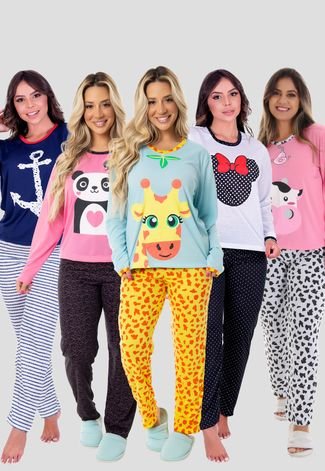 Kit 5 Pijama Longo Feminino Inverno Manga Longa
