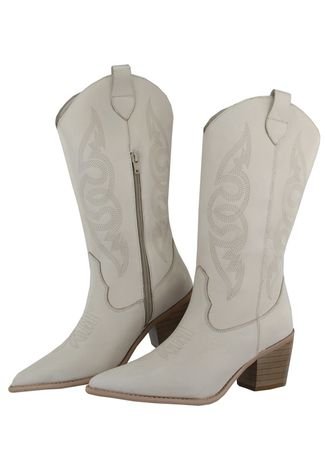 Bota Texana Western Em Couro Ravy Store Country Bico Fino Bordada Off White