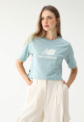 Camiseta Cropped New Balance Reta Logo Azul