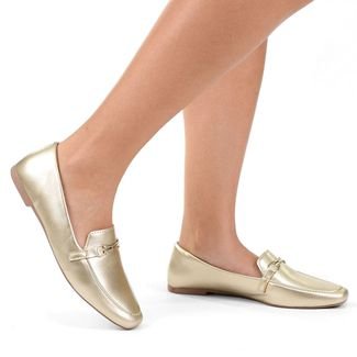 Sapato Feminino Mocassim Donatella Shoes Bico Quadrado Confort Sapatilha Ouro light