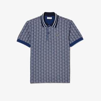 Camisa Gola Polo em Contraste Ajuste Clássico com Estampa de Monograma Azul Marinho