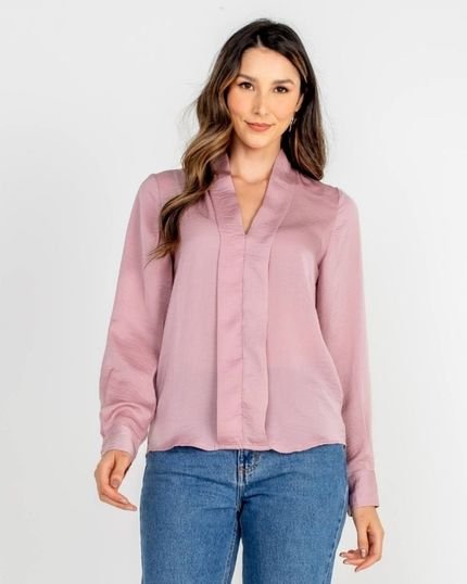 Blusa Acetinada Manga Longa Gola Virada Rose - Marca POLLEN