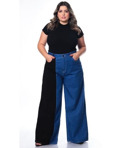 Calça Feminina Jeans Plus Wide Leg Bicolor Razon Jeans - Marca Razon Jeans