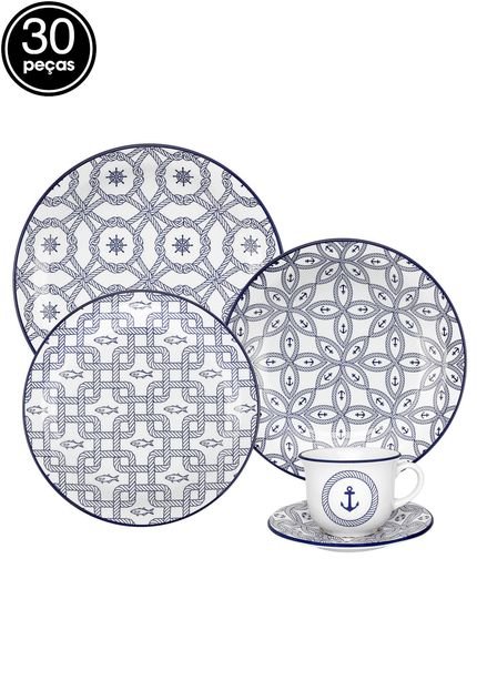 Aparelho de Jantar e Chá Oxford Cerâmica Floreal Náutico 30 pçs Branco/Azul - Marca Oxford