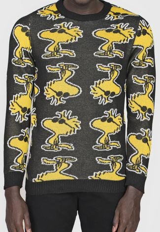 Suéter Tricot Snoopy Estampado Preto/Amarelo