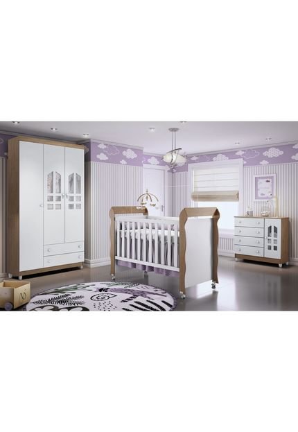 Dormitório Selena Guarda Roupa 3 Portas/Cômoda/Berço Mini cama Mirelle Amadeirado Carolina Baby - Marca Carolina Baby