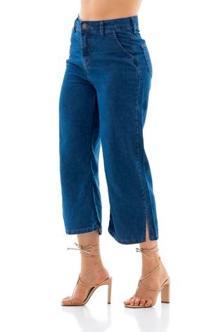 Pantacourt Jeans Feminina Slim com Fenda Lateral  Azul