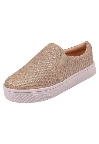 Sapatos Femininos Slip on Tenis Calce Facil Confortavel Glitter Dourado