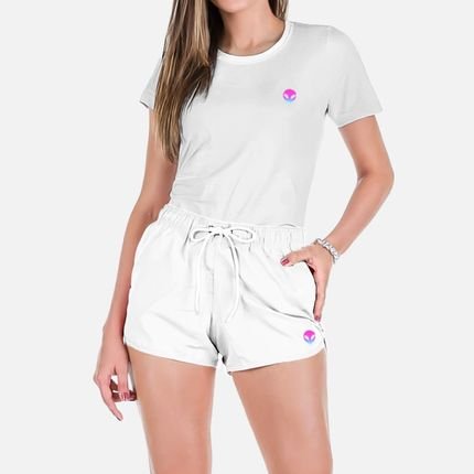 Conjunto Feminino Verão Moda Praia Camiseta Algodão Short Tactel Estampada - Marca Opice