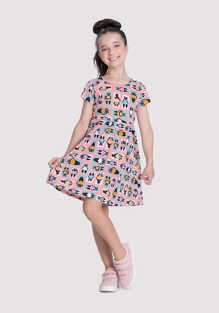 Vestido Infantil Menina em Malha com Estampa Gatos - Marca Alakazoo