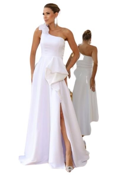 Vestido Longo de Festa Um Ombro Fenda na Saia Cetim Bettiny Casamento Civil Noivas Branco - Marca Cia do Vestido
