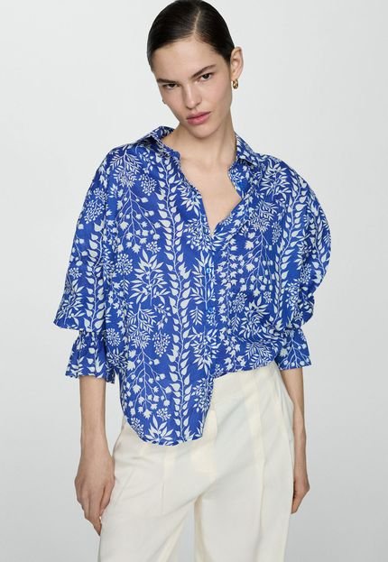 Camisa Mango Reta Floral Manga Franzida Azul - Marca Mango