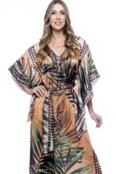 Vestido KAFTAN Longo KIMONO SAIDA Acetinado Estampado EXCLUSIVO Laranja - Marca 101 Resort Wear