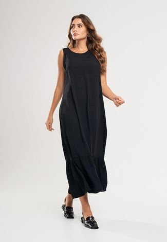 Vestido Midi Regata Babado Viscolinho Salvatore Fashion Preto