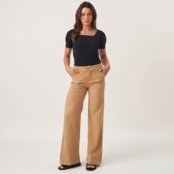 Calça Jeans Color Wide Leg Cintura Alta Elástico Cós Caqui Chique - Marca Bloom