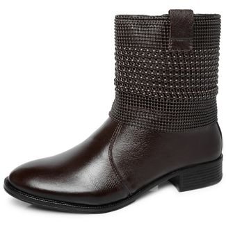 Bota Feminina Couro Malha Metal Bico Redondo Cano Curto Salto Baixo Marrom