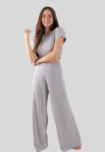 Pijama Visco Cropped Pantalona Cinza - Marca Linha Noite