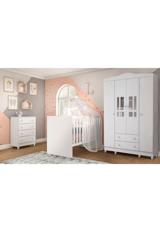 Dormitório Guarda Roupa Ariel 4 Portas Cômoda Berço Gabi Branco Carolina Baby