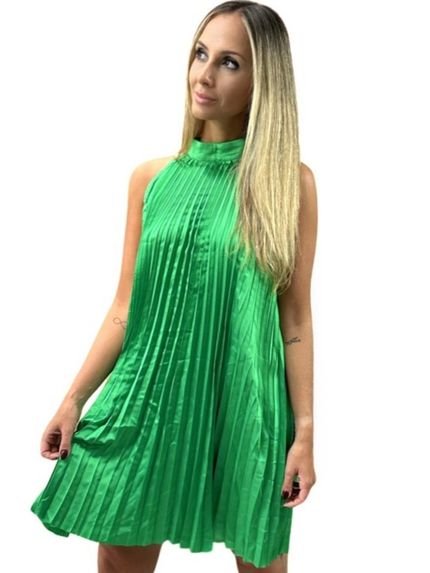 Vestido Liage Curto Liso Plissado Festa Brilho Cetim Sem Manga Verde Esmeralda Escuro - Marca Liage