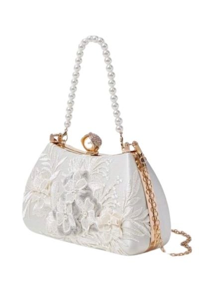 Bolsa Clutch Liage Festa Casamento Renda Pedraria Brilhante Strass Perola e Metal Dourada e Nude Off-White - Marca Liage