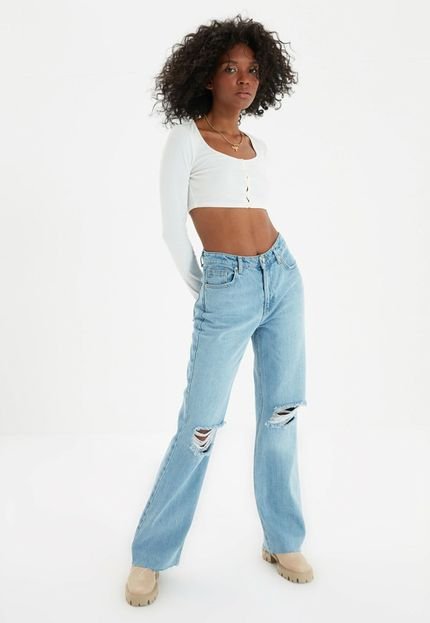 Calça Jeans Trendyol Collection Wide Leg Destroyed Azul - Marca Trendyol Collection