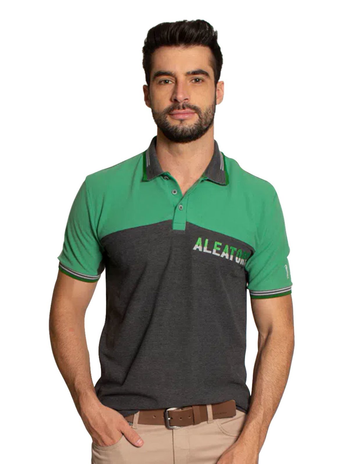 Polo Aleatory Masculina Piquet Recortes Embroidered Verde Claro/Chumbo Mescla - Marca Aleatory