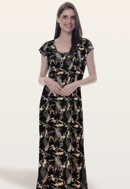 Vestido Longo Fendas Decote Careca Manga Curta Malha Fria Elastano Estampado - Marca 101 Resort Wear
