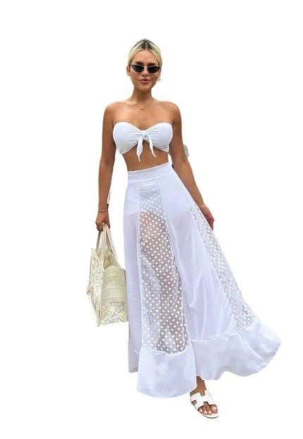 Conjunto Top e Saia Longa Transparência com Hot Panties Mahhany Branco - Marca Cia do Vestido