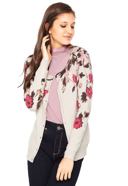 Cardigan Facinelli by MOONCITY Tricot Flores Bege - Marca Facinelli