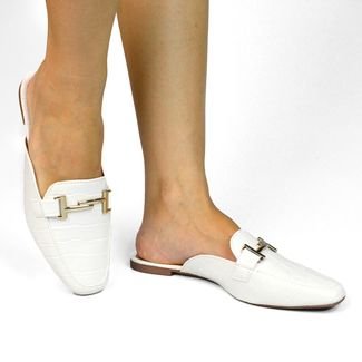 Sapato Mule Femino Donatella Shoes Bico Quarado Branco Croco
