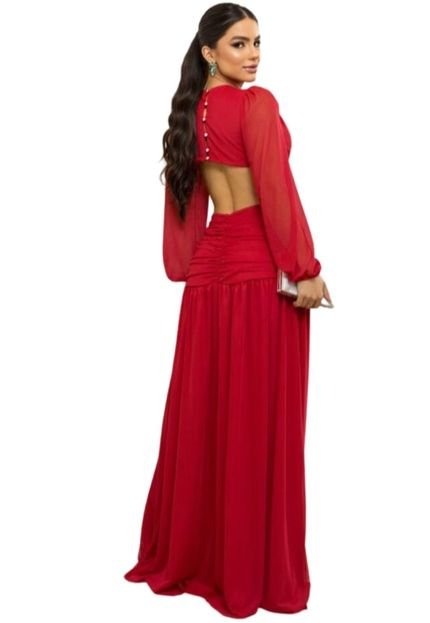 Vestido Longo Micro Tule Manga Longa Abertura Daffine Vermelho - Marca Cia do Vestido