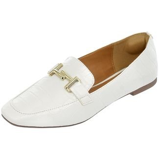 Sapato Feminino Mocassim Donatella Shoes Bico Quadrado Confort Branco Croco