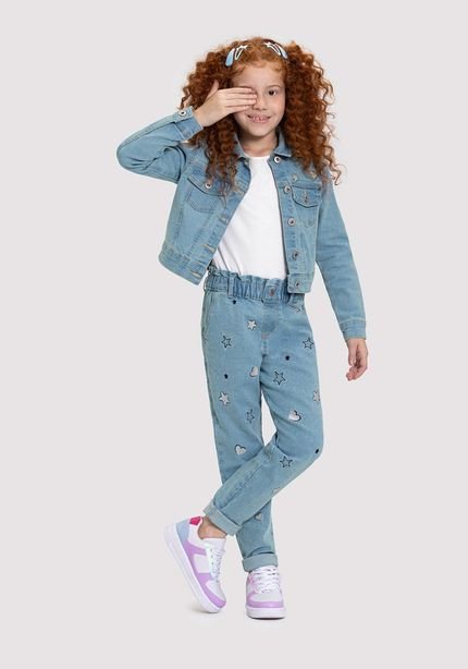 Jaqueta Jeans Infantil Menina Cropped Bordada - Marca Alakazoo