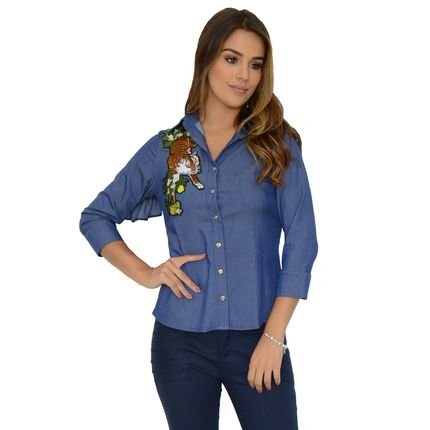 Camisa Mamorena Com Babado Costas e Aplique Azul Escuro - Marca Mamorena