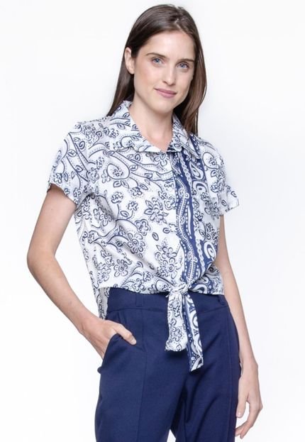 Camisa 101 Resort Wear de Amarrar Tricoline Estampada Azul Branco - Marca 101 Resort Wear