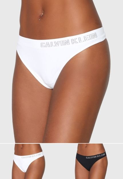 Kit 2pçs Calcinha Calvin Klein Underwear Fio Dental Logo Branca/Preta - Marca Calvin Klein Underwear