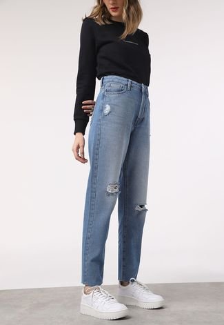 Calça Cropped Jeans Calvin Klein Jeans Mom Destroyed Azul