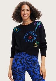 Sweater Desigual Bordado Flores Negro - Calce Holgado