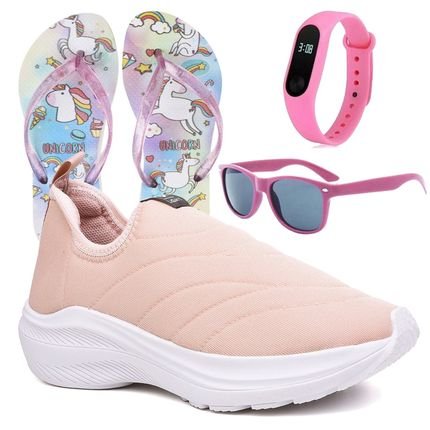 Tenis Infantil Menina Calce Facil Rosa Nude e Chinelo Óculos e Relógio - Marca CALCADOS LGHT LIGHT
