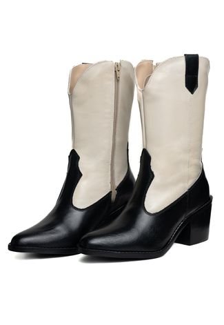 Bota Western Texana Couro Bico Fino Country Feminina Preto com Off White Rado Shoes