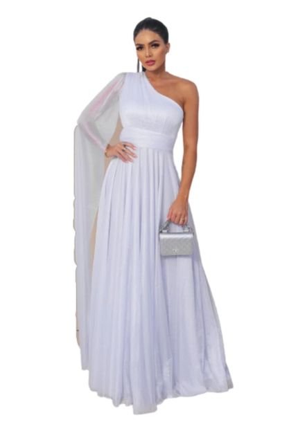 Vestido Longo para Noiva, Noivado, Micro tule Com Brilho uma Manga Sueli Branco - Marca Cia do Vestido