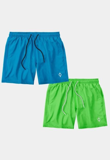 Kit 2 Shorts Resina Praia Bermuda Tactel Masculino Liso Lisa Básico Mauricinho 2 Bolsos Azul/Verde - Marca Resina