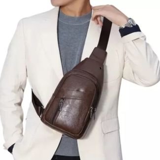 Pochete Masculina Couro Shoulder Bag Bolsa Ombro Transversal  Marrom