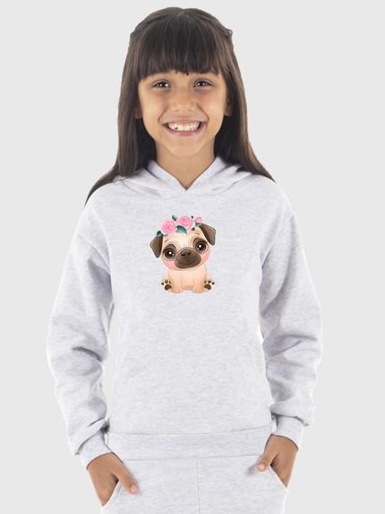 Moletom Canguru Infantil Menina Estampado Dog Pug Cinza Claro - Marca Benellys