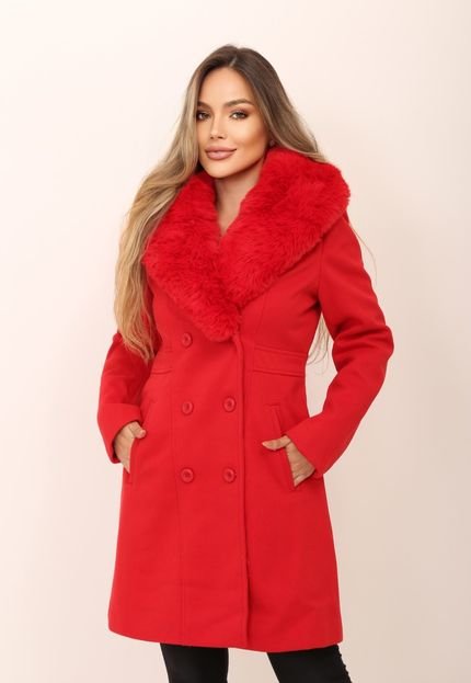 Jaqueta Sobretudo Botões com Pelos Inverno Yasminna  Vermelho - Marca Cia do Vestido