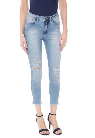 Calça Jeans Eventual Slim Cropped Desfiada Azul