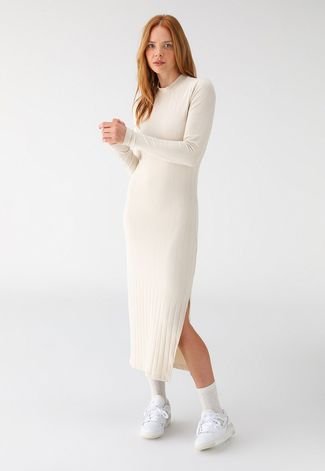 Vestido Canelado Colcci Midi Liso Off White